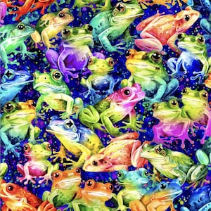 Puede incluir: Un patrón colorido de ranas sobre un fondo azul. Las ranas están pintadas en varios tonos de verde, azul, amarillo, naranja, rosa y morado. Las ranas están en diferentes poses, algunas están sentadas, otras están saltando y otras están nadando.