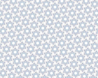 May include: A repeating pattern of blue six-pointed stars on a white background. The stars are outlined with a textured effect, creating a subtle, vintage aesthetic. The design is arranged in a grid-like formation.
