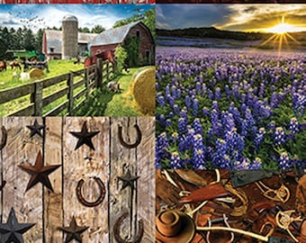 May include: A collage of images depicting a rural farm setting. The images include a red barn, a field of bluebells, a wooden fence, a silo, a field of wheat, a rusty truck, and a field of wildflowers.