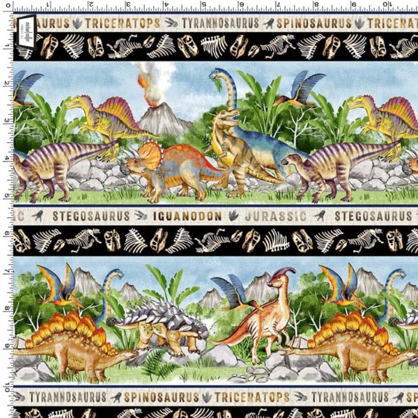 Dinosaures, dinosaures - défilé - bordure rayée - motif #DCX11145-MULT-D - par Michael Miller - tissu 100 % coton - choisissez votre coupe