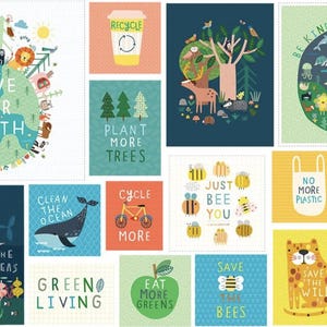 Op de afbeelding: Een kleurrijke illustratie met verschillende slogans en afbeeldingen over het milieu. De illustratie bevat een wereldbol met de tekst "Love Our Earth", een walvis, een fiets, een bij, een boom, een wortel en een recyclebak.