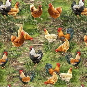 May include: A repeating pattern featuring chickens and roosters in a grassy field. The chickens are various shades of brown, tan, and white, with red combs and wattles. The roosters have colorful plumage, including blue, gold, and black feathers. The background is a mix of green grass and dirt.
