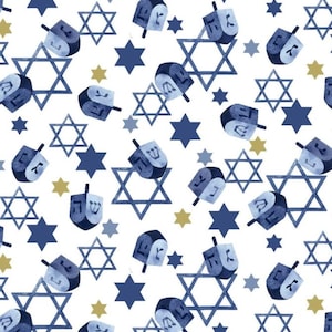 The Gift of Light - #8287-07 White - Dreidels - Hanukkah - by Studio E - 100% Cotton Woven Fabric - Choose Your Cut