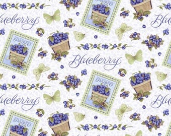 Berrylicious #1575-17 Blanco/Azul - Arándanos por todas partes - de Henry Glass - Tejido 100 % algodón - Elige tu corte