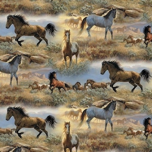 Restbestände verfügbar – Wild Wings – Animal Love – # WW-3060-6C-1 – Horses on the Prairies – von David Textiles – gewebter Stoff aus 100 % Baumwolle
