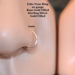Fake Nose Ring Faux nose Hoop clip on Lip Ring Septum Ring Sterling Silver Gold Rose Gold 5mm 6mm 7mm 8mm 9mm 10mm 12mm 22g Thin Small Tiny