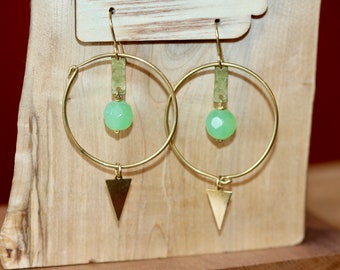 Geometric Dangle Earrings Green Beaded Hoops Golden Brass Jewelry