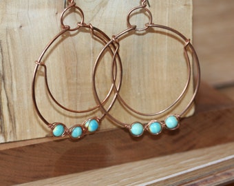 Dangle Teal Beaded Copper Earrings