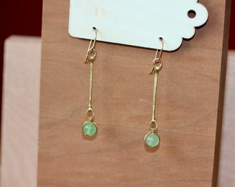 Stick Dangle Earrings Green Beaded jewelry Golden Brass