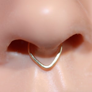 May include: A gold nose ring with a heart-shaped design. The ring is worn in a person's nose.