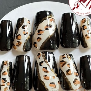 Uñas postizas estilo mafioso con estampado de leopardo / Uñas largas estilo ataúd con estampado de guepardo negro / Tallas personalizadas de XS a XL