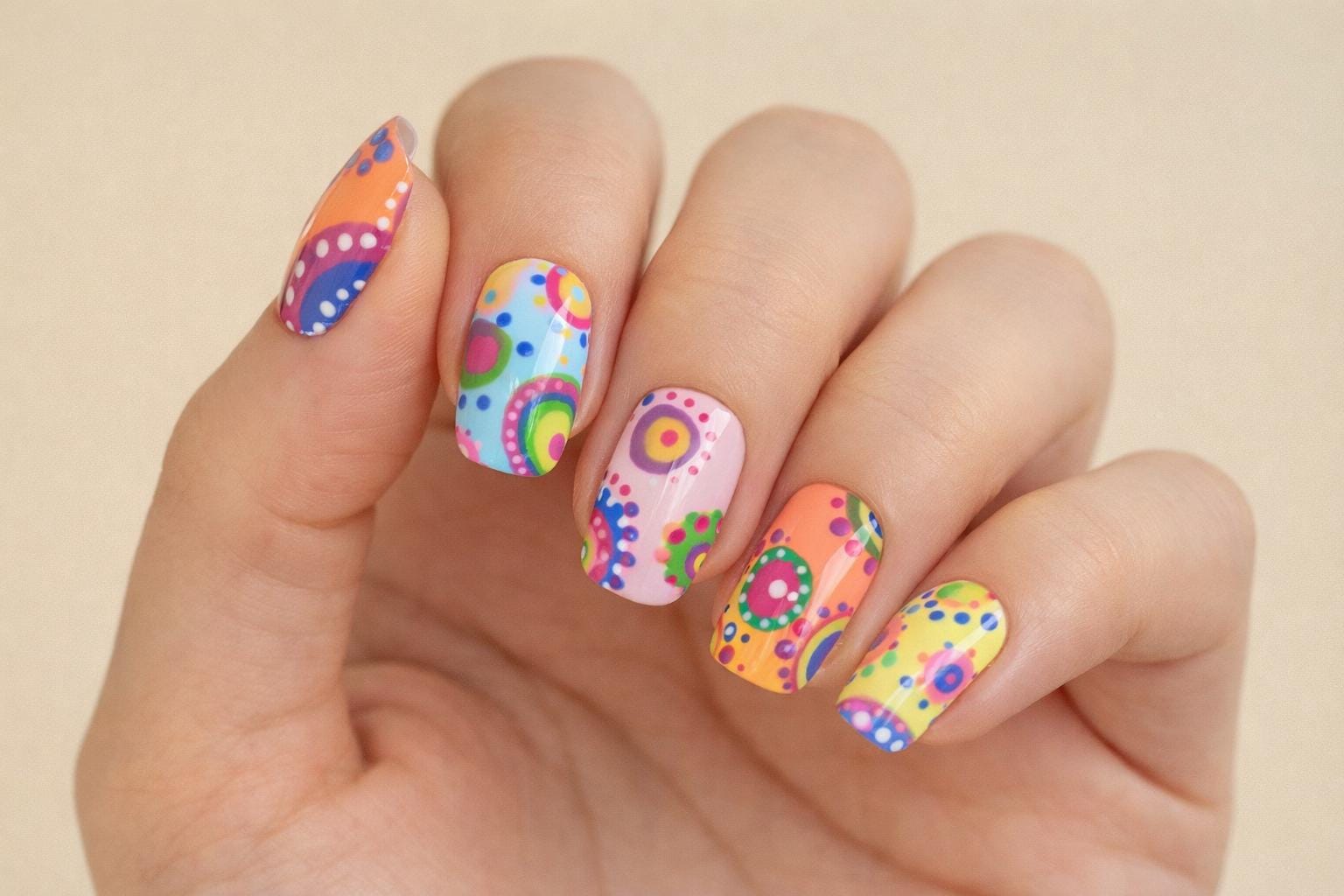 Folk Art Nails Rainbow Polka Dot Press On Nails Almond, Square, Coffin & Stiletto Reusable Soft Gel