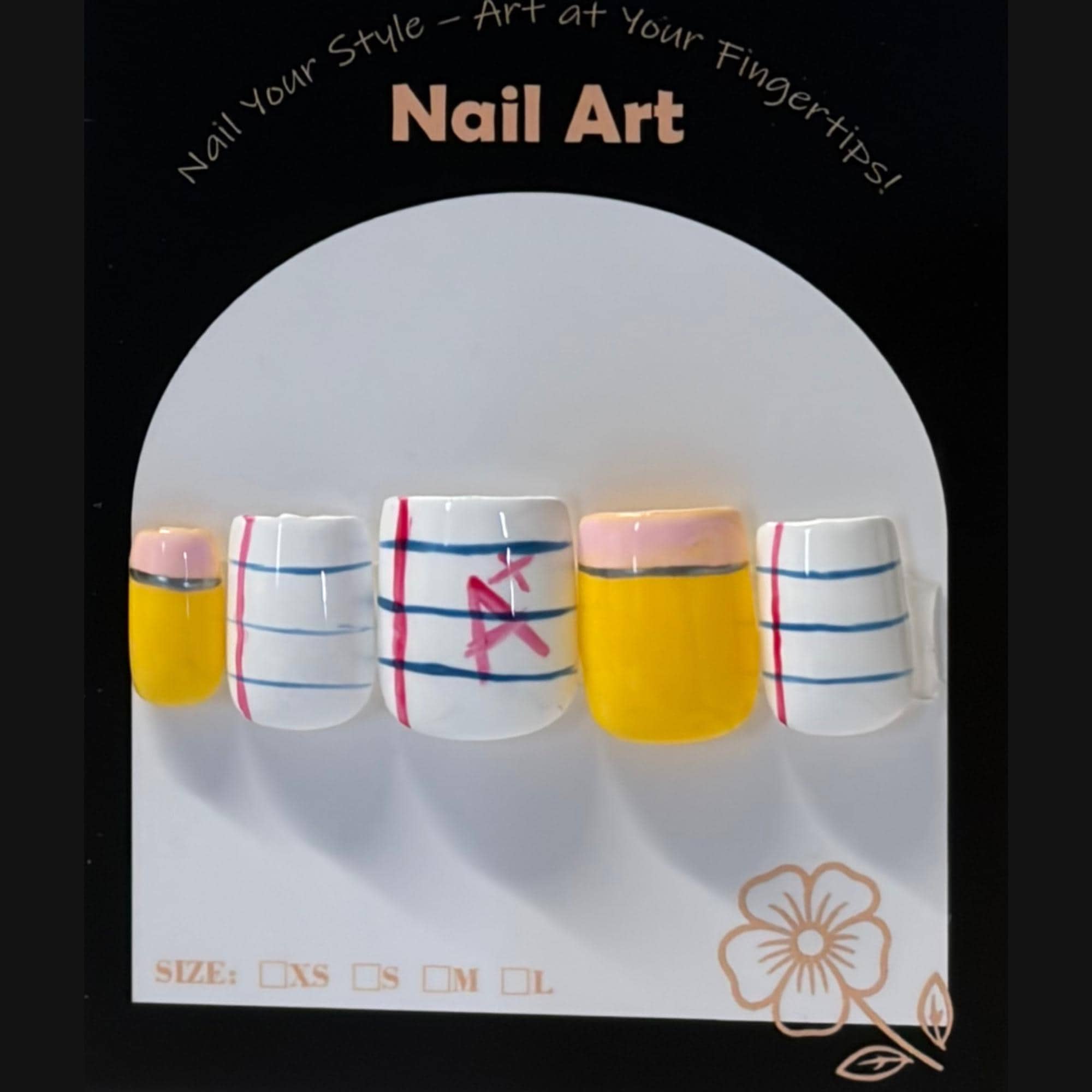 Teacher Press On Nails, Back to School Pencil Notebook Nails, Hand Painted Almond Coffin, Short Medium Long, XS S M L XL
