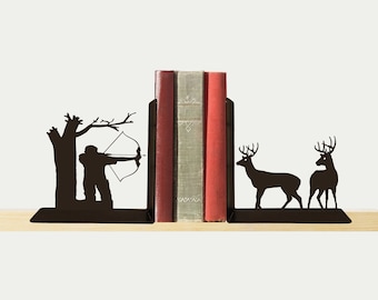 Bow Hunter and Bucks Bookends, Hunting Decor, Deer Art, Cabin Decor, Metal Art, Book Shelf, Library, Man Cave Art, Free USA Shipping, BE1031