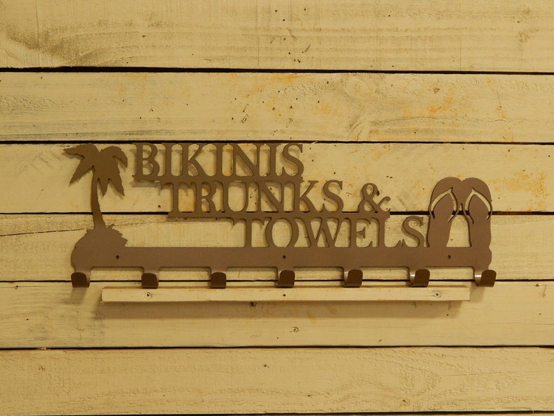 Palm Tree and Flip Flop, Bikinis and Trunks Pool Towel Rack, Pool Decor, Palm Tree Decor, Beach Decor, Metal Coathook, Beach Art, CR1052 image 4