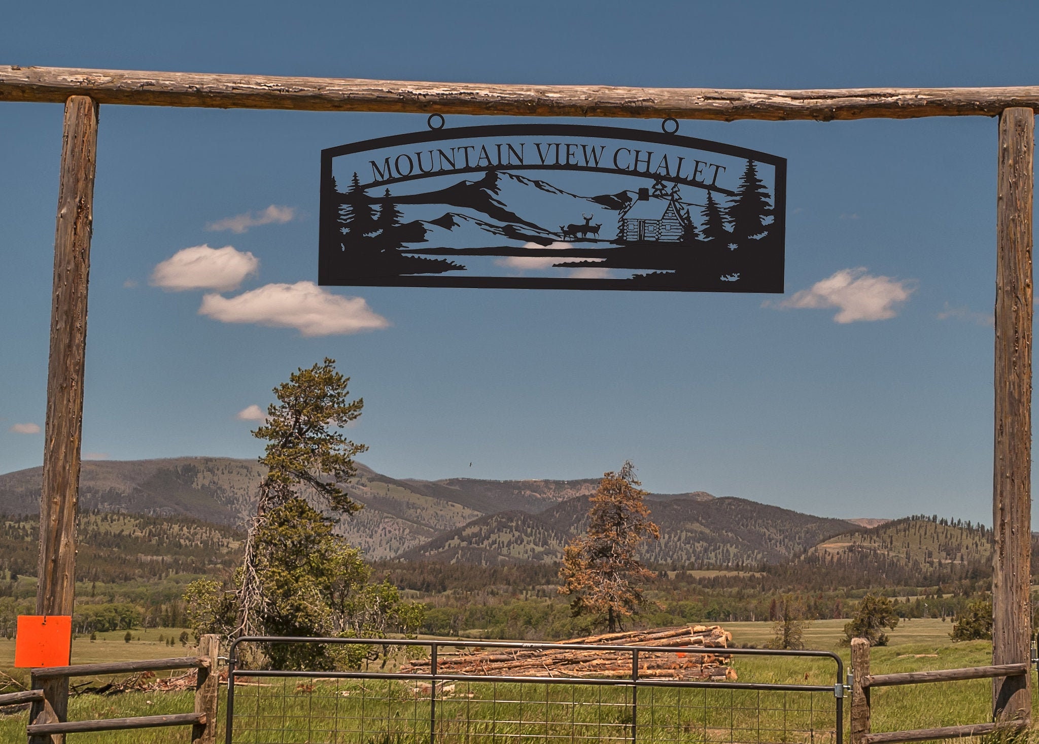 Large Entrance/Gate Farm Sign with Log Cabin, Mountains, Deer, Person…