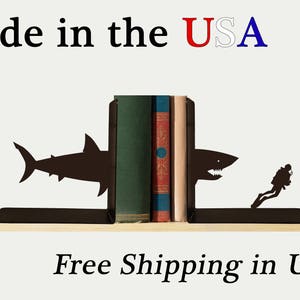 Shark and Scuba Diver Bookends, Ocean Decor, Metal Art, Book Ends, Book Shelf, Sealife Decor, Library, Home Decor, Free USA Shipping, BE1017 image 1