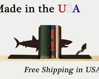 Shark and Scuba Diver Bookends, Ocean Decor, Metal Art, Book Ends, Book Shelf, Sealife Decor, Library, Home Decor, Free USA Shipping, BE1017