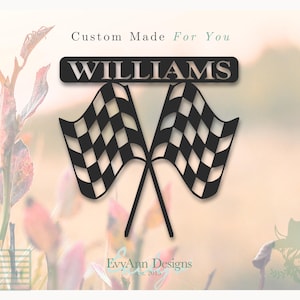 Custom Metal Racing Sign with Checkered Flag – Personalized Name Pit Garage Decor | Race Car Wall Art | Racing Gift for Him | S1236