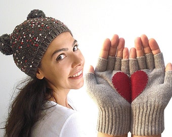 Fingerless Heart Gloves, Pom Pom Beanie, Unique Holiday Gift, Best Gift, Fashion Gift, Handmade Ear Hat, Heart Mittens, Winter Clothing