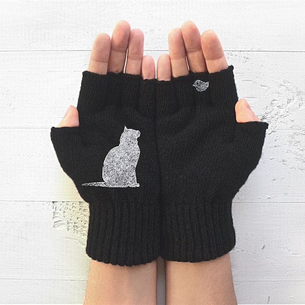 Gants pour chat, Mitaines noires, cadeaux chat, vêtements pour la Saint-Valentin, moufles chaton, cadeaux de la Saint-Valentin pour elle, cadeaux uniques faits main