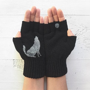 Fingerless Black Gloves, Animal Mittens, Valentines Day Gift, Handmade Item, Wolf Gift, Texting Gloves, Winter Mittens, Handmade Gifts image 1