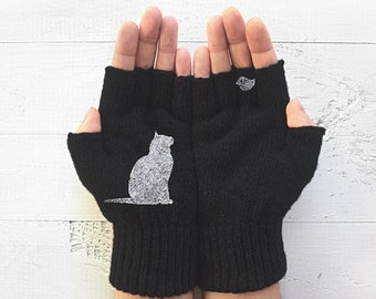 Guantes de gato, regalos de gato para mujeres, guantes negros sin dedos, ropa de San Valentín, manoplas de gatito, regalos de San Valentín para ella, regalos únicos hechos a mano