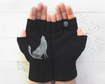 Fingerless Black Gloves, Animal Mittens, Valentines Day Gift, Handmade Item, Wolf Gift, Texting Gloves, Winter Mittens, Handmade Gifts