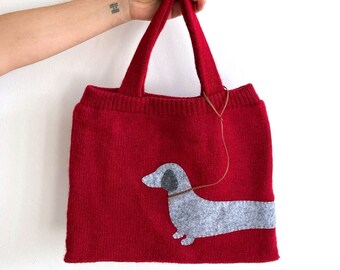 Knit Tote Bag, Crochet Dog Bags, Handmade Dachshund Gift, Dog Bags and Pouches, Wiener Dog Gift, Dog Mom Gift, Best Gift For Mother