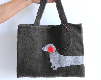 Dog Bags and Pouches, Handmade Knit Bags, Knit Tote Bag, Crochet Dog Bags, Unique Dachshund Gift, Wiener Dog Mom Gift, Best Gift For Mother