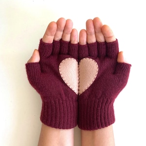 Fingerless Heart Gloves, Women Burgundy Mittens, Valentines Day Gift For Her, Handmade Heart Mittens, Unique Gift Idea, Valentine Clothing image 1