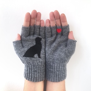 Angora Fingerless Gloves: Gray Dog & Heart Mittens, Dog Lover Gift