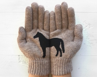 Wool Tan Mittens with Mustang - Horse Lover Gloves, Cowgirl Winter Style Gift