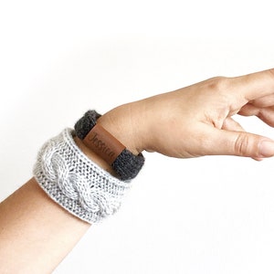 Personalized Knit Bracelet: Handmade Wool Bangle with Faux Leather Name Tag