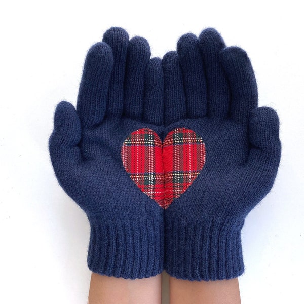 Gants coeur pour femmes, mitaines marine, meilleurs cadeaux de vacances, cadeau de Noël, gants bleu marine, tissu tartan, accessoires tricotés, vêtements faits à la main