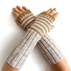 Hand Knit Striped Fingerless Gloves: Wool Arm Warmers