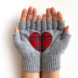 Women Fingerless Gloves, Gray Mittens with Tartan Heart, Accessories For Mom, Handmade Grandma Gift, Unique Spring Clothing, Texting Gloves image 1