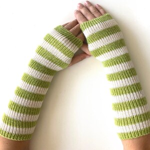 Striped Wool Arm Warmers: Green Fingerless Knit Gloves