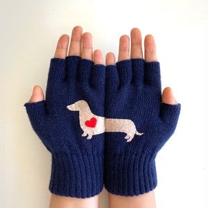 Dachshund Fingerless Gloves: Navy Doxie Lover Mittens