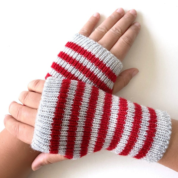 Striped Hand Warmers, Red Fingerless Gloves, Block Color Crochet Mittens, Accessories For Mom, Handmade Spring Clothing, Gift For Knit Lover