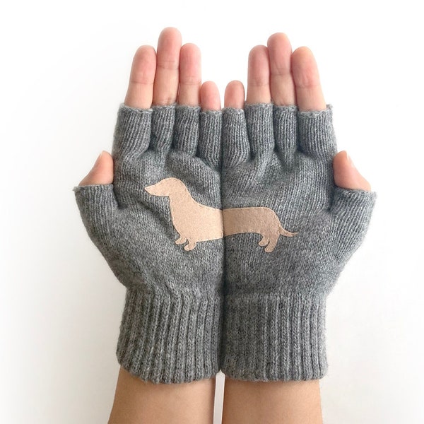 Fingerless Gloves with Dachshund, Gray Women Mittens, Accessories for Dog Mom, Wiener Dog Lover Gifts, Pet Memorial Gift, Doxie Clothing