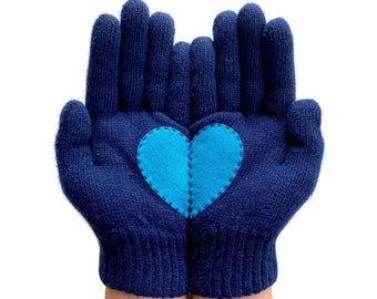 Women Navy Gloves, Heart Mittens Woman, Unique Valentine Gift, Handmade Item, Best Gift For Wife, Winter Fashion, Knitwear For Woman