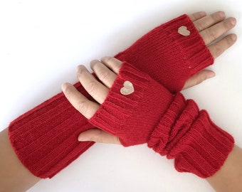 Red Long Arm Warmers, Fingerless Heart Gloves, Accessories For Mom, Spring Clothing Woman, Gift For Knit Lover, Handmade Red Gloves For Mom