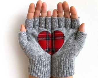 Best Valentine Gifts, Women Fingerless Gloves, Heart Mittens, Winter Clothing, Tartan Fabric, Valentine Accessories, Handmade Knit Gifts