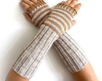 Striped Knit Gloves, Long Gloves Women, Fingerless Arm Warmers, Knit Gift For Her, Fall Clothing, Winter Gifts