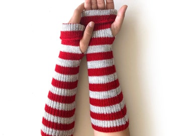 Long Striped Gloves, Stripe Arm Warmers, Crochet Gifts, Knit Gift Women, Best Holiday Gifts, Fingerless Glove, Handmade Clothing, Red Gloves