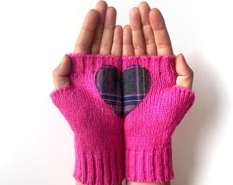 Pink Heart Gloves, Knit Mittens For Her, Fingerless Mittens, Valentines Clothing, Handmade Gift Women, Valentine Accessories, Best Gift