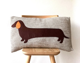 Pillow Cover with Dachshund, Home Gift For Dog Lover, Handmade Dachshund Gifts, 12" x 20" Knit Cover, Housewarming Puppy Throw Pillow