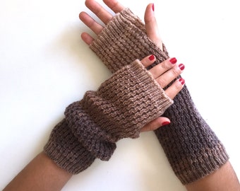 Long Arm Warmers, Hand Knit Gloves, Best Holiday Gifts, Knit Gift Women, Fingerless Brown Glove, Handmade Gifts, Winter Clothing