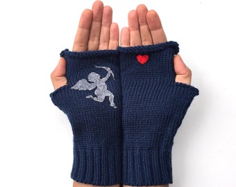 Knit Navy Gloves with Cupid, Women Mittens Fingerless, Handmade Items, Best Holiday Gifts, Knitted Gloves, Unique Valentines Gift